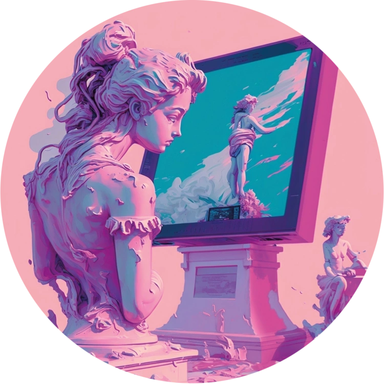 Ilustración IA escultura de mujer frente al ordenador