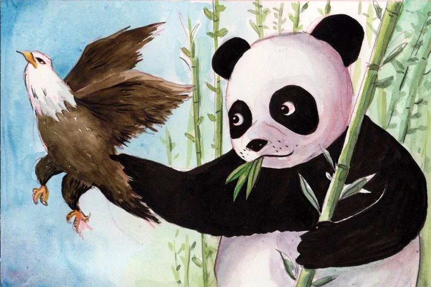 Ilustración de un panda cogiendo un águila