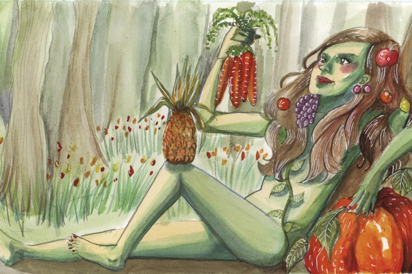 Ilustración de una mujer rodeada de vegetación y frutos