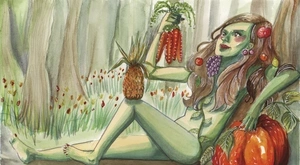 Ilustración de una mujer rodeada de vegetación y frutos